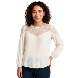 Laundry By Shelli Segal Blouse White Lace & Pleats Long Sleeve Feminine M